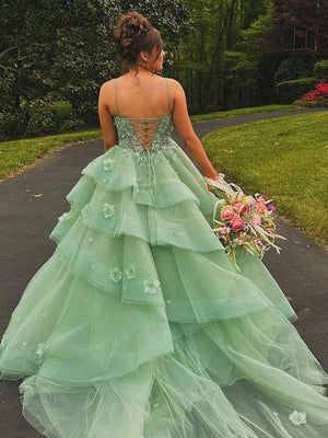 Azurena | Ball Gown Sweetheart Sage Green Tulle Long Prom Dresses With Appliques -KissProm