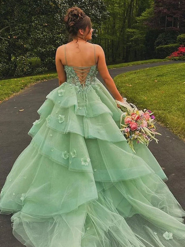 Azurena | Ball Gown Sweetheart Sage Green Tulle Long Prom Dresses With Appliques -KissProm