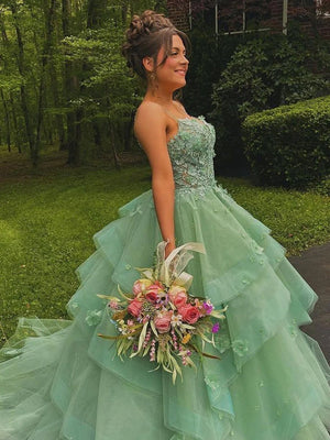 Azurena | Ball Gown Sweetheart Sage Green Tulle Long Prom Dresses With Appliques -KissProm