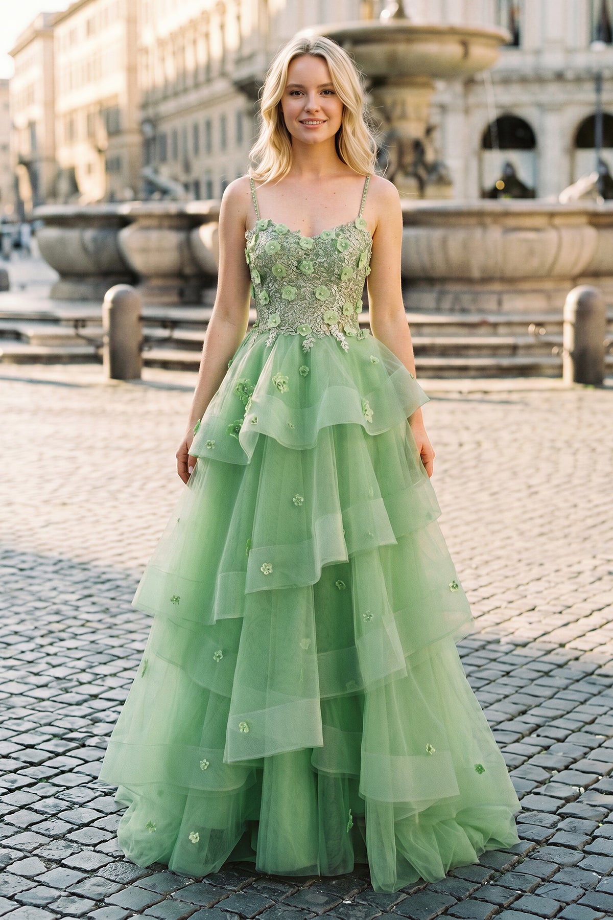 KissProm Ball Gown Sweetheart Sage Green Tulle Long Prom Dresses with Appliques, Sage Green / 8