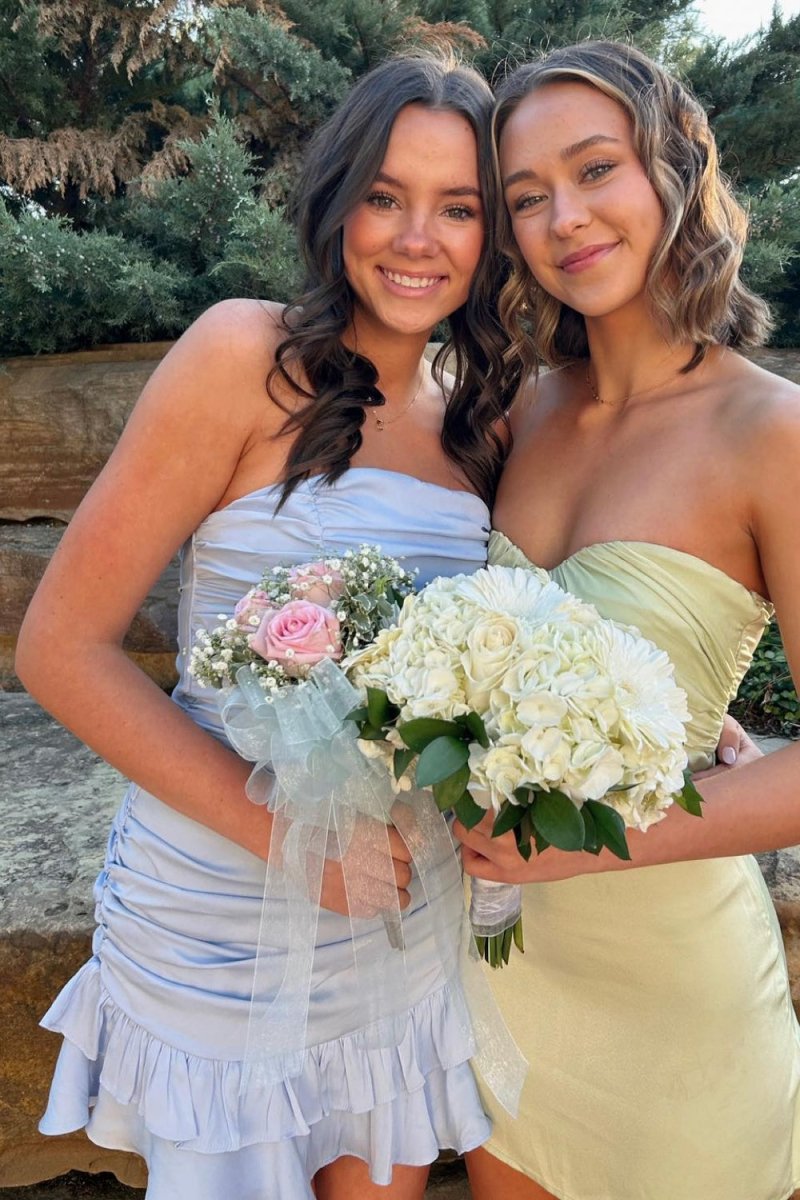 Azurite | Blue - Sheath Strapless Ruffles Pleated Short Homecoming Dresses