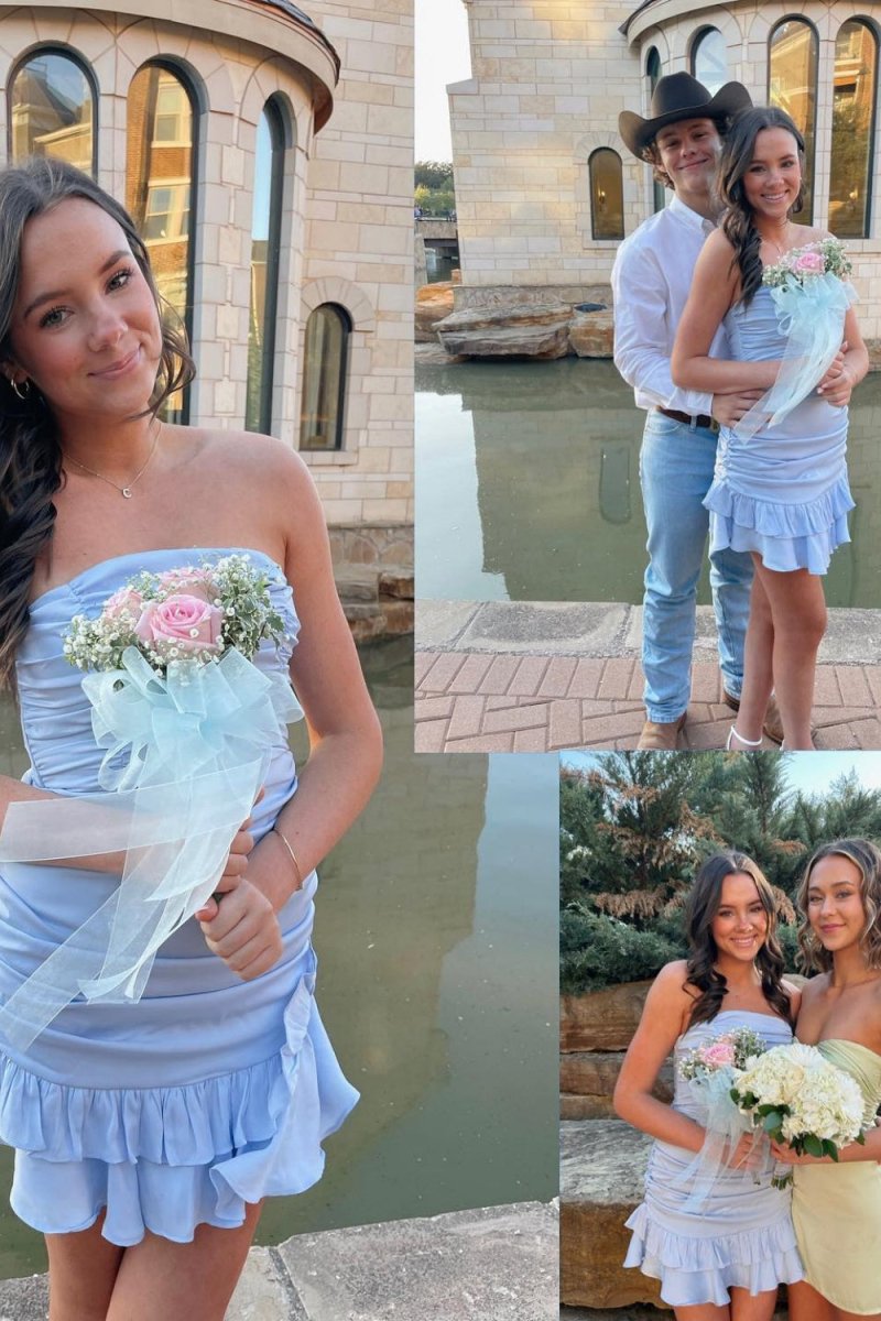 Azurite | Blue - Sheath Strapless Ruffles Pleated Short Homecoming Dresses