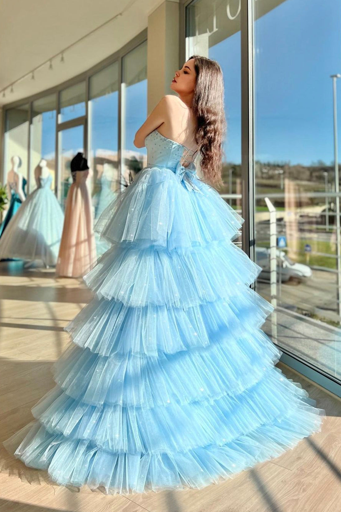Aleena | Blue Sweetheart Neck Tulle Long Prom Dress, Beautiful A-Line High Low Party Dress
