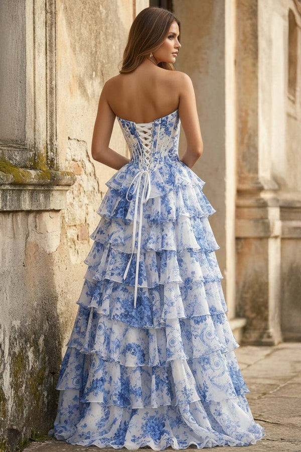 A Line Floral Blush Tiered Chiffon Long Corset Prom Dress with Slit - KissProm