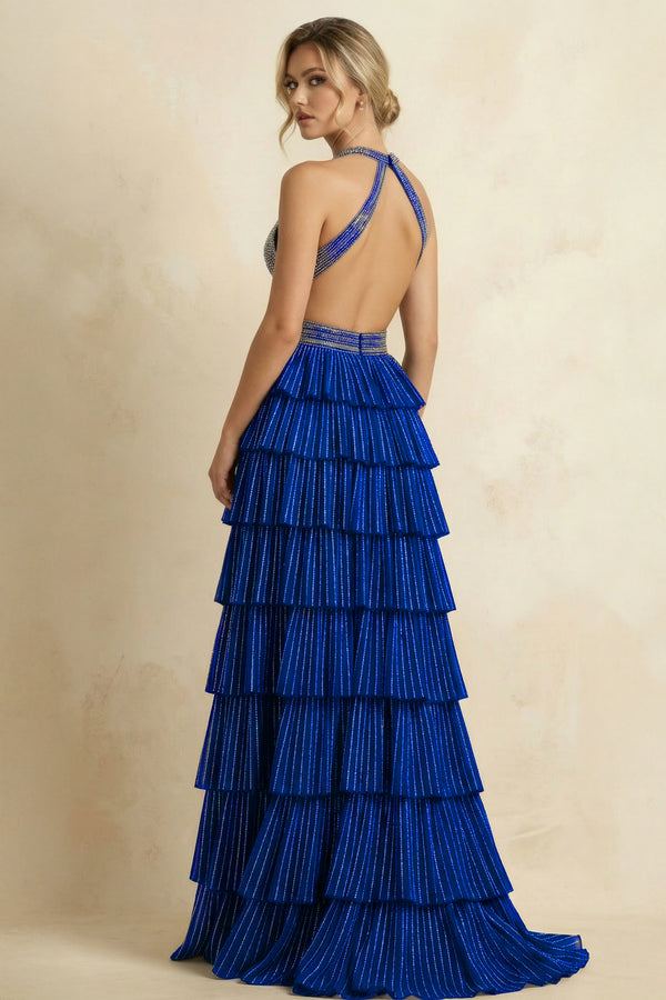 Royal Blue - A-Line Halter Satin Beaded Long Prom Dresses With Ruffles