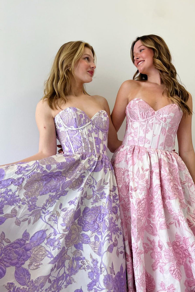 A-Line Sweetheart Floral Printed Long Prom Dresses