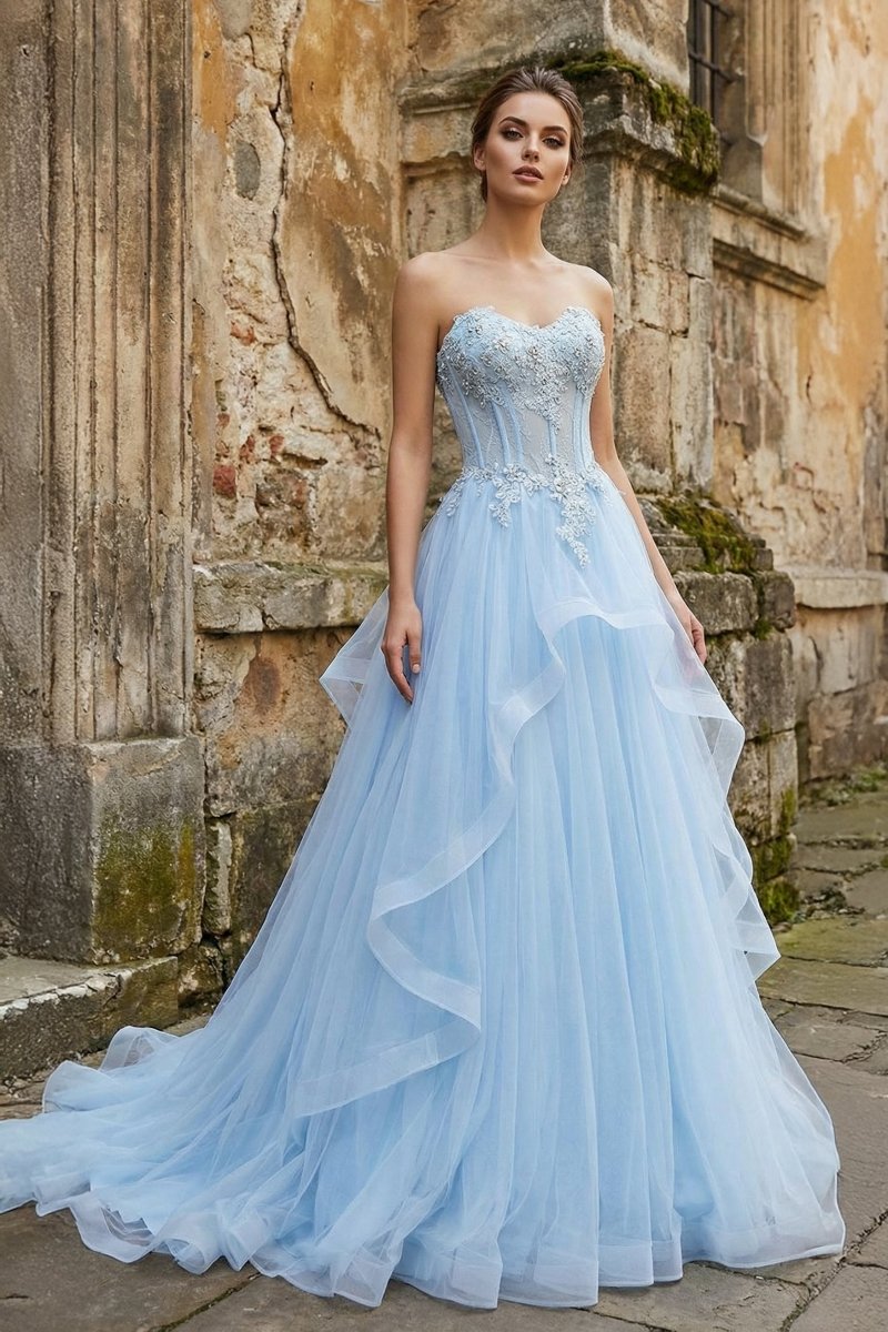 Light Blue Beaded Long Prom Dress - KissProm