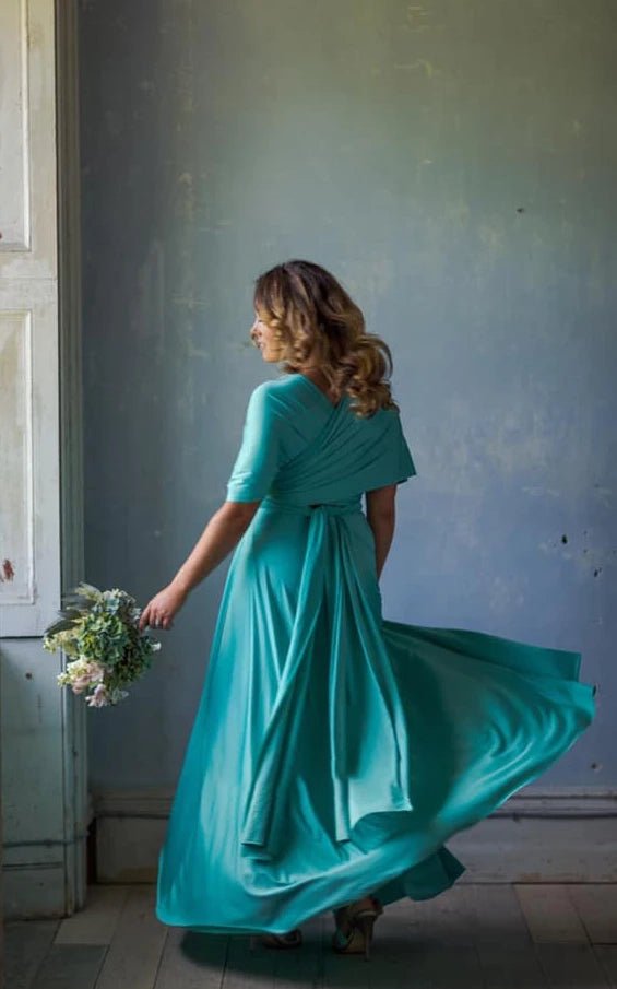 A Line Halter Neck Jersey Bridesmaid Dress With Half Sleeves And Straps Back - KissProm