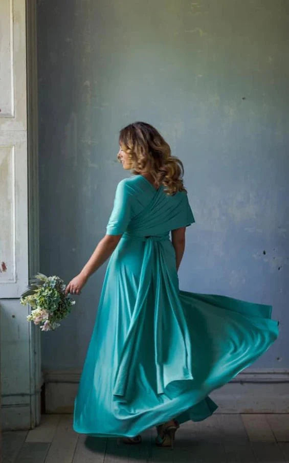 A Line Halter Neck Jersey Bridesmaid Dress With Half Sleeves And Straps Back - KissProm