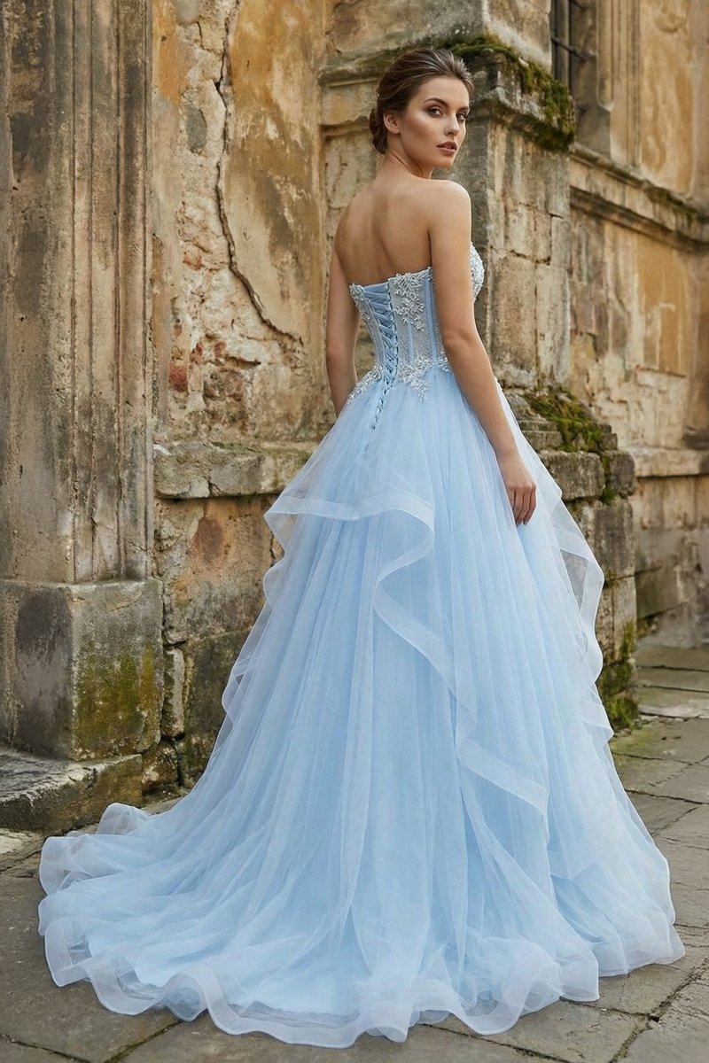Light Blue Beaded Long Prom Dress, Sky Blue / 8
