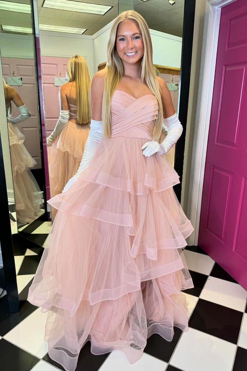 Stacia | A - Line Strapless Blush Pink Ruffle Tiered Tulle Long Prom Dresses - KissProm
