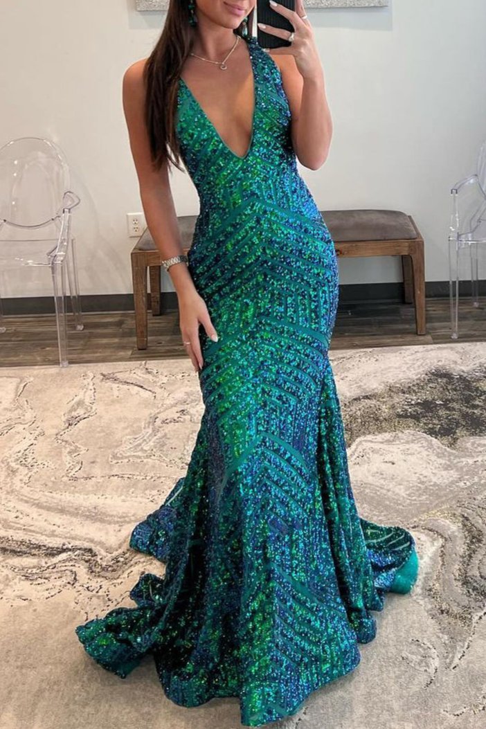 V Neck Sequin Mermaid Prom Dress With Tulle Train - Long Formal Evening Gown For Special Occasions