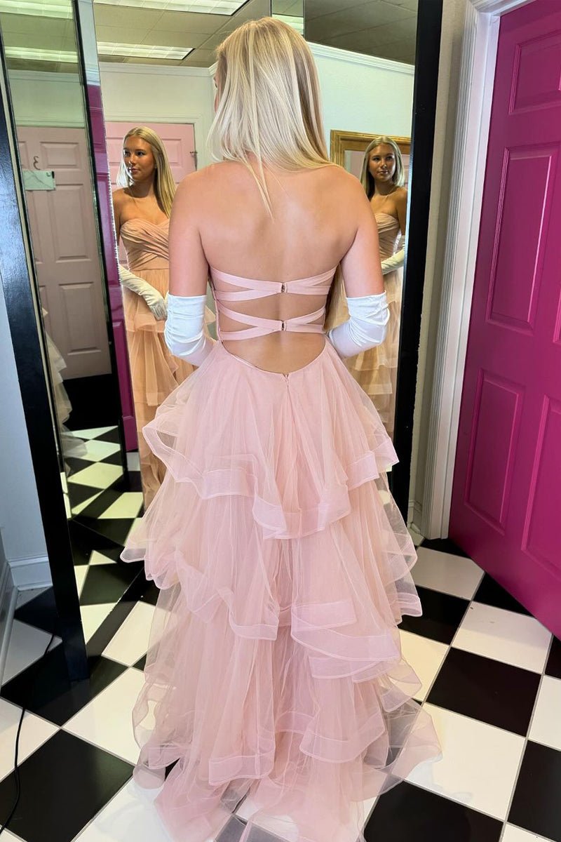 Stacia | A - Line Strapless Blush Pink Ruffle Tiered Tulle Long Prom Dresses - KissProm
