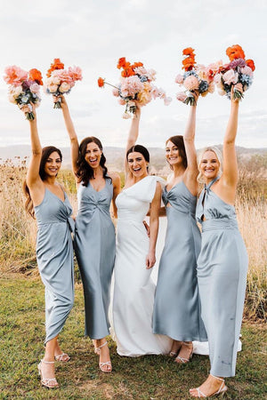 Elegant Sheath Halter Silk Satin Bridesmaid Dresses - KissProm