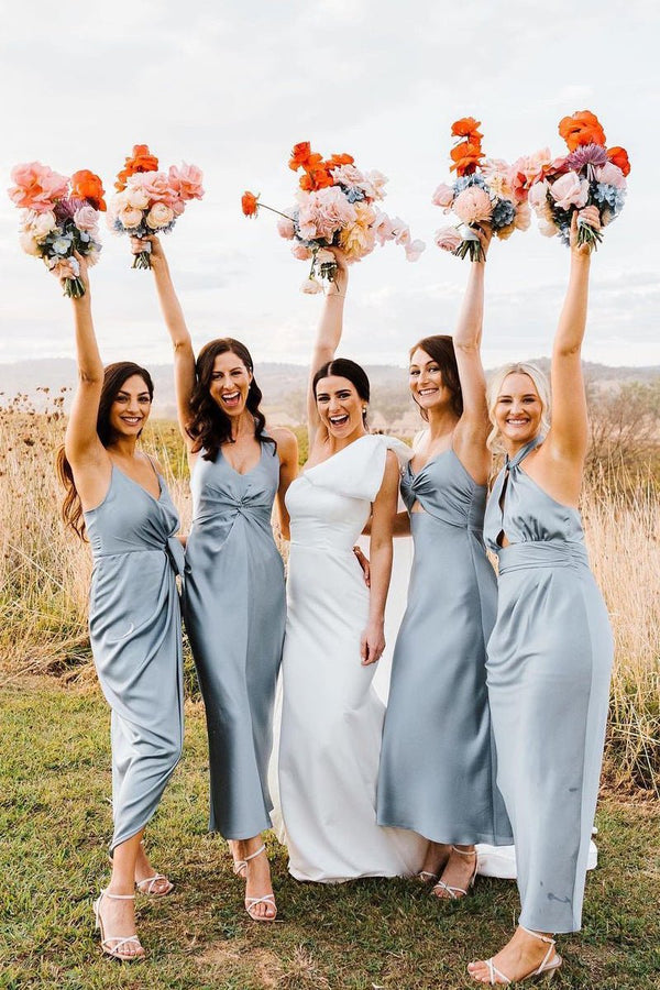 Elegant Sheath Halter Silk Satin Bridesmaid Dresses - KissProm