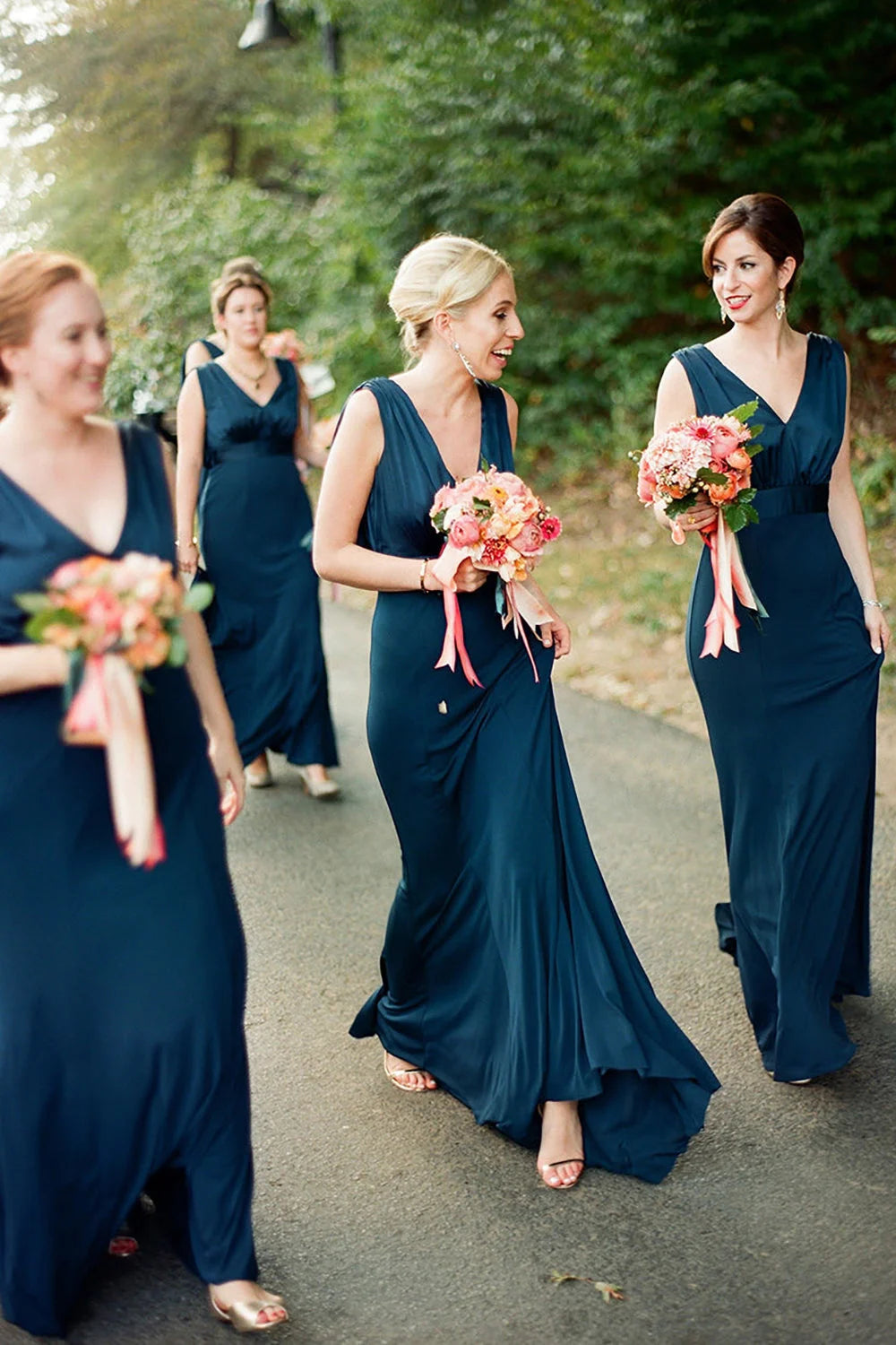 Peacock Blue Mermaid V - Neck Long Bridesmaid Dress - KissProm