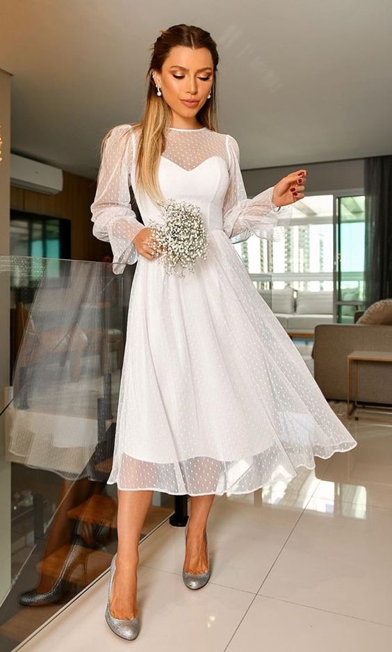 Elegant A-Line Long Sleeve Tea Length Wedding Dresses, Diamond White / 0 Elegant A-Line Long Sleeve Tea Length Wedding Dresses, Diamond White / 0