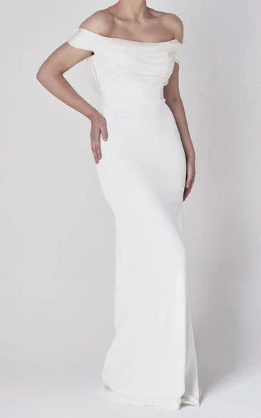 Off-the-shoulder Elegant Mermaid Satin Wedding Dress With Tiers And V-back