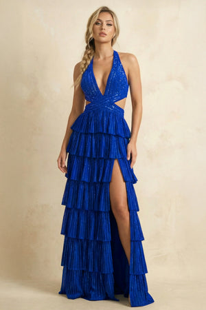Royal Blue - A-Line Halter Satin Beaded Long Prom Dresses With Ruffles