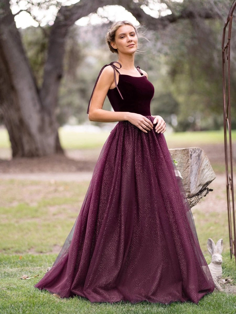 KissProm Spagatti Straps Velvet Tulle Floor Length Prom Dress, Burgundy / 10