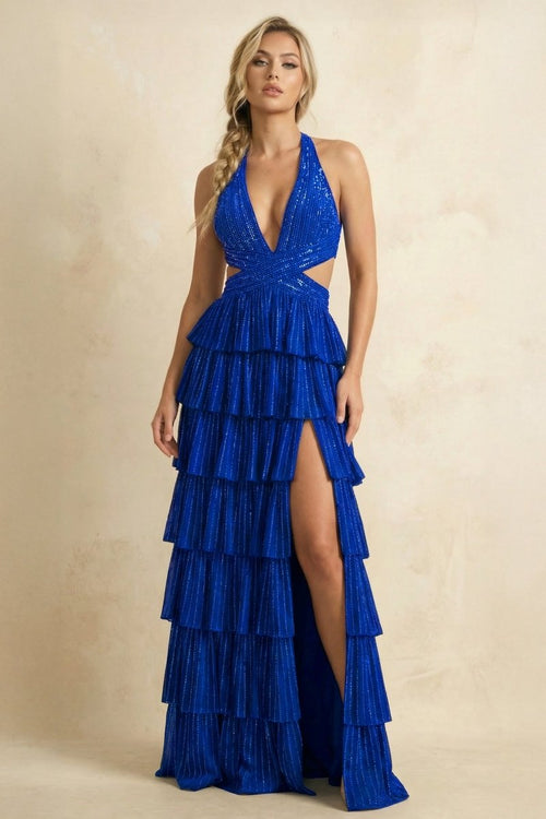 Royal Blue - A - Line Halter Satin Beaded Long Prom Dresses With Ruffles - KissProm
