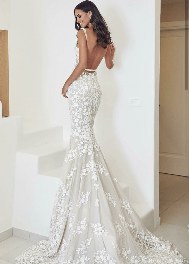 V-Neck Backless Floral Lace Appliques Wedding Dresses with Mermaid Train