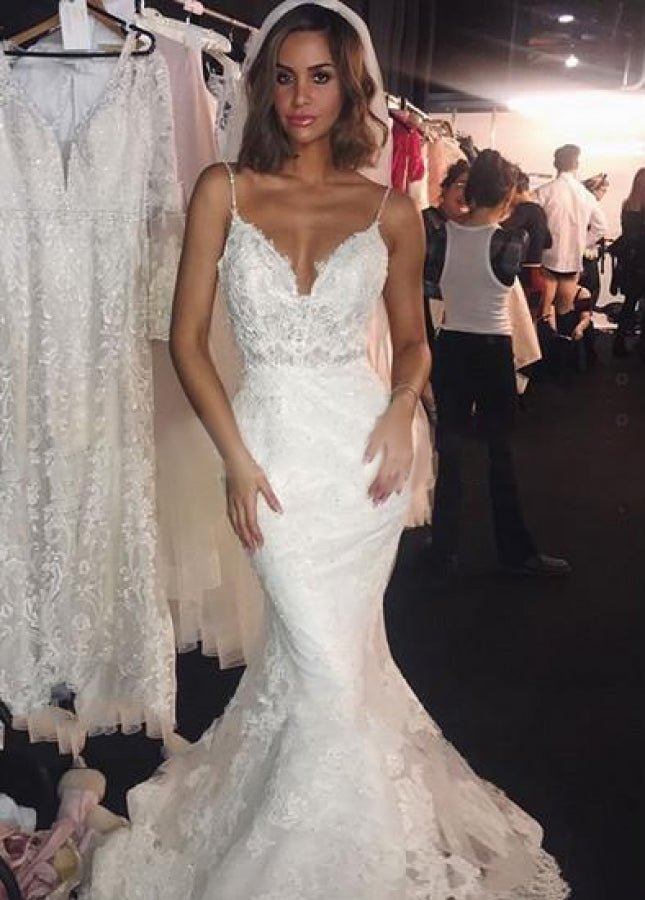 Spaghetti-Straps Backless Mermaid Lace Wedding Dresses with Appliques
