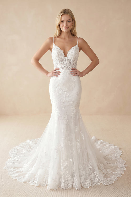 Spaghetti-Straps Backless Mermaid Lace Wedding Dresses with Appliques-KissProm