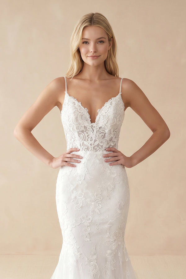 Spaghetti-Straps Backless Mermaid Lace Wedding Dresses with Appliques-KissProm