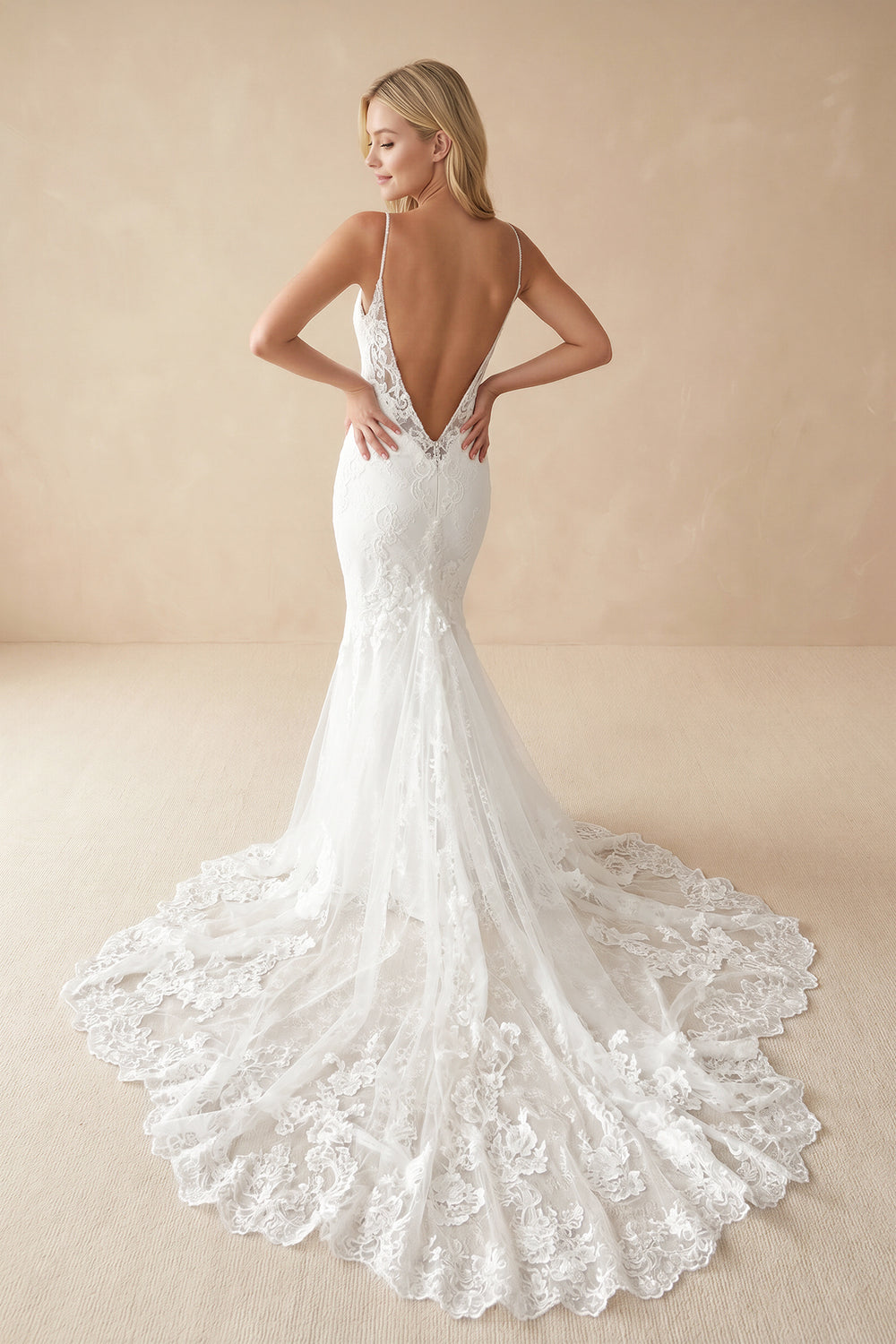 Spaghetti-Straps Backless Mermaid Lace Wedding Dresses with Appliques-KissProm