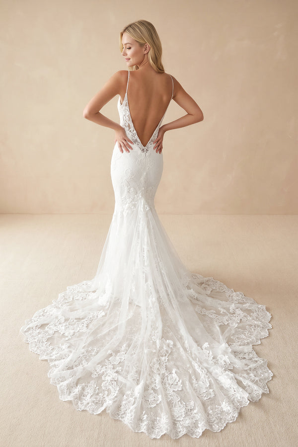 Spaghetti-Straps Backless Mermaid Lace Wedding Dresses with Appliques-KissProm