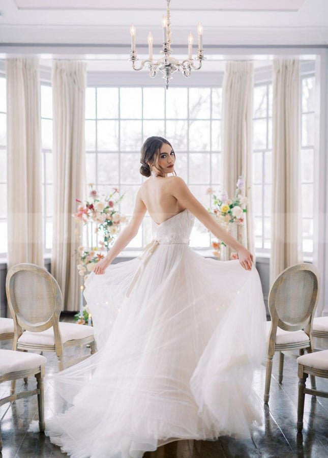 Sweetheart Backless Tulle Wedding Dress with Flower Beaded Belt