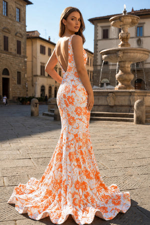 Orange V Neck Sequin Lace Mermaid Prom Dress - KissProm