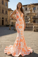 Orange V Neck Sequin Lace Mermaid Prom Dress - KissProm