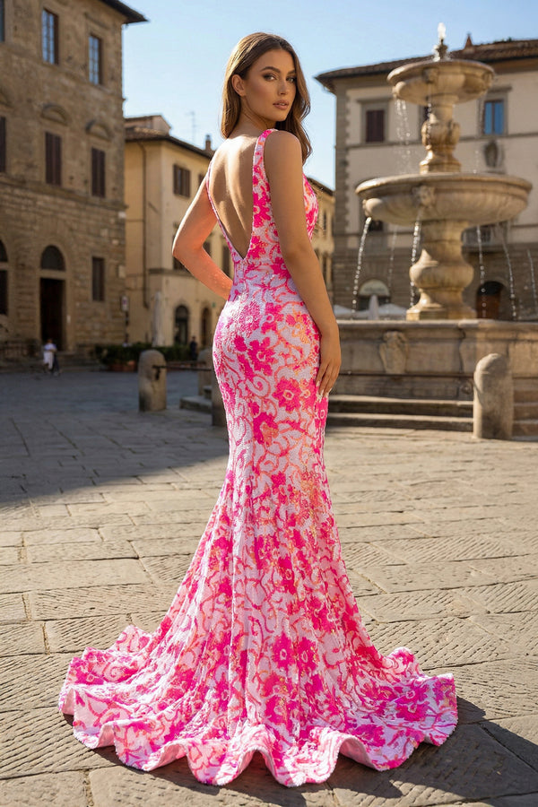 KissProm- Pink V Neck Sequin Lace Mermaid Prom Dress