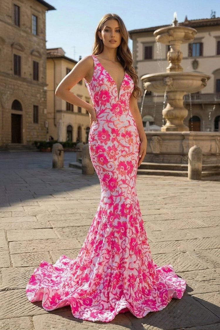 pink floral mermaid prom dress KissProm V Neck Sequin Lace Dress, Fuchsia / 18 NewMDs-10.14 A stylish choice suitable 10 Ways to Style Finish:Fossil