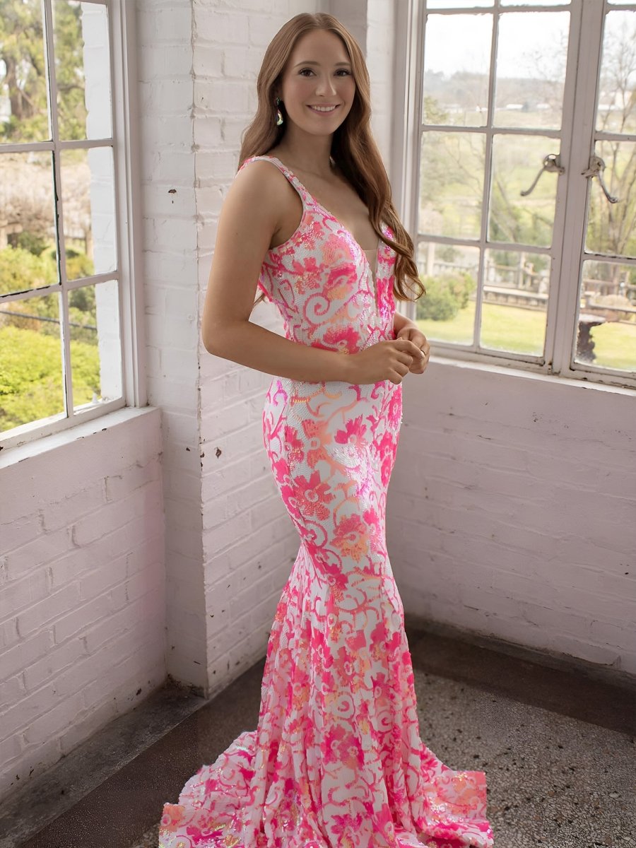 Pink V Neck Sequin Lace Mermaid Prom Dress Pink / 18 Pink V Neck Sequin Lace Mermaid Prom Dress Pink / 18