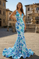 Royal Blue V Neck Sequin Lace Mermaid Prom Dress - KissProm