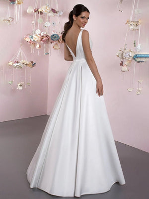 A - Line Illusion Neck Sleeveless Floor - Length Satin Wedding Dress With Pleats - KissProm