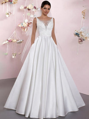 A - Line Illusion Neck Sleeveless Floor - Length Satin Wedding Dress With Pleats - KissProm