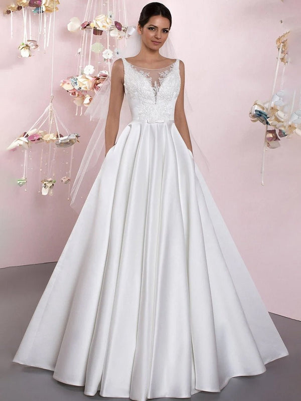 A - Line Illusion Neck Sleeveless Floor - Length Satin Wedding Dress With Pleats - KissProm