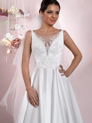A - Line Illusion Neck Sleeveless Floor - Length Satin Wedding Dress With Pleats - KissProm