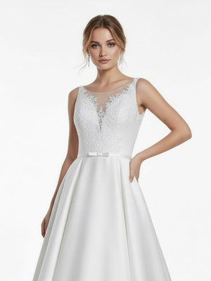 A - Line Illusion Neck Sleeveless Floor - Length Satin Wedding Dress With Pleats - KissProm