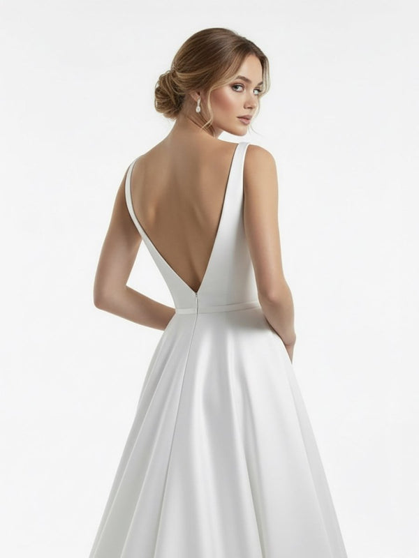 A - Line Illusion Neck Sleeveless Floor - Length Satin Wedding Dress With Pleats - KissProm