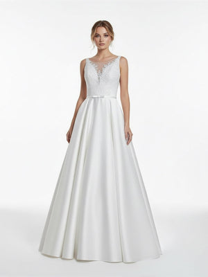A - Line Illusion Neck Sleeveless Floor - Length Satin Wedding Dress With Pleats - KissProm