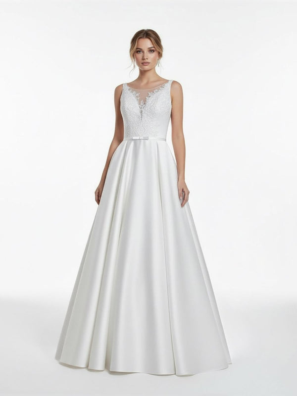 A - Line Illusion Neck Sleeveless Floor - Length Satin Wedding Dress With Pleats - KissProm