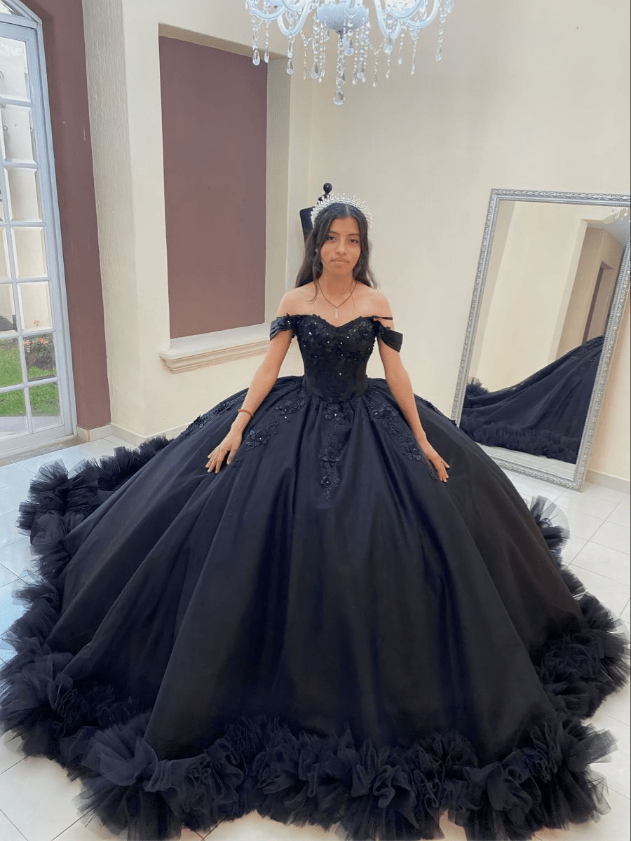KissProm Ball Gown Tulle Off the Shoulder Quinceanera Prom Dress, Black / 6