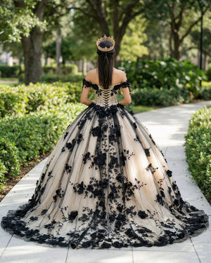 Black Off the Shoulder Quinceanera Dresses With 3D Flowers Black Off the Shoulder Quinceanera Dresses With 3D Flowers
