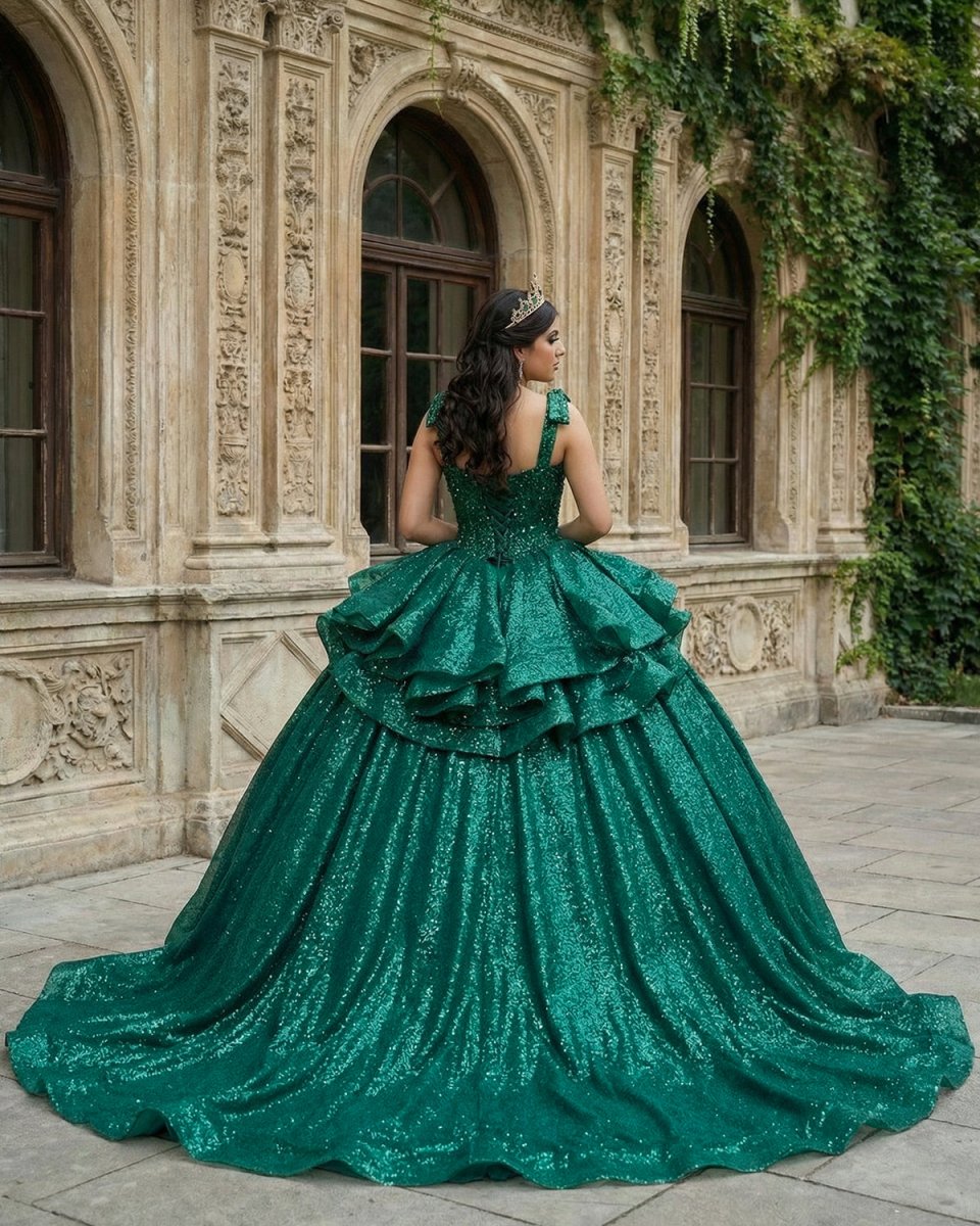 Ball-Gown Lace Emerald Green Glitters Quinceanera Dresses