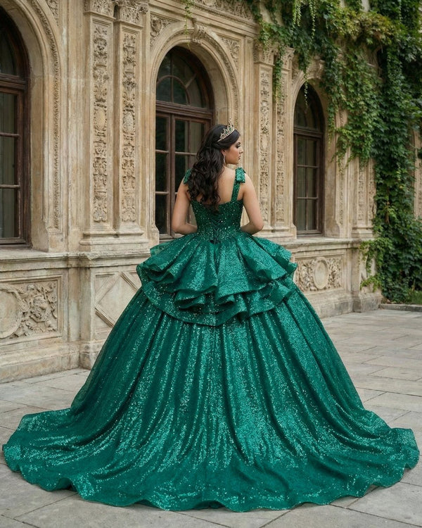 Ball - Gown Lace Emerald Green Glitters Quinceanera Dresses - KissProm